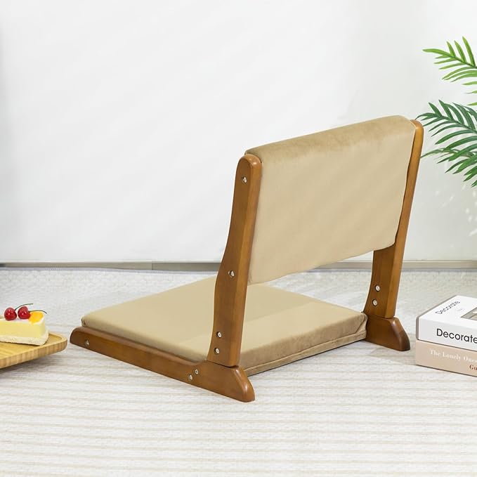 HollyHOME Foldable Tatami Chair, Upholstered Japanese Style Floor Seat, Wood Legless Back Rest With Cushion, Accent Meditation for Bay Window, Living Room, Bedroom, Dark Brown