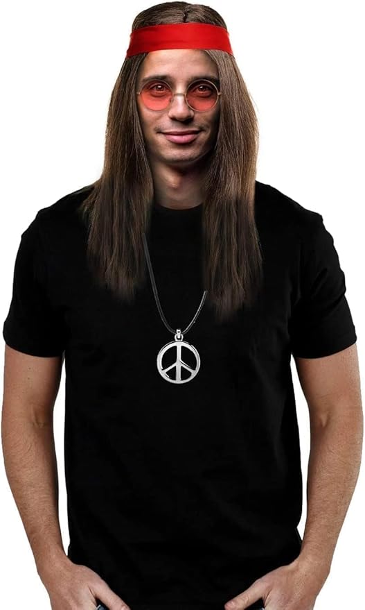 MOVINPE Hippie Accessories for Men - Hippie Wig Sunglasses Hippie Peace Necklace -Halloween Costume 70s Disco Style 60s Outfit 80s Fancy Dress 80s Night - Retro Men Women
