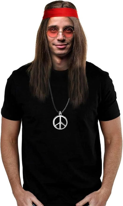 MOVINPE Hippie Accessories for Men - Hippie Wig Sunglasses Hippie Peace Necklace -Halloween Costume 70s Disco Style 60s Outfit 80s Fancy Dress 80s Night - Retro Men Women