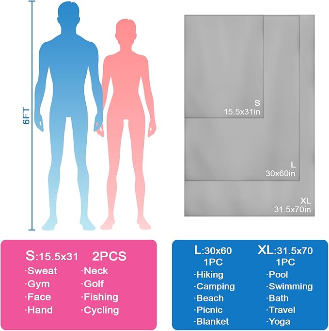 Camping Towel Microfiber 2 Pack S Size Quick Dry Lightweight for Travel Face Hand Neck Running Gym Cycling Fitness Golf Tennis Sweat Towels(Light Grey, 2 Pack S)
