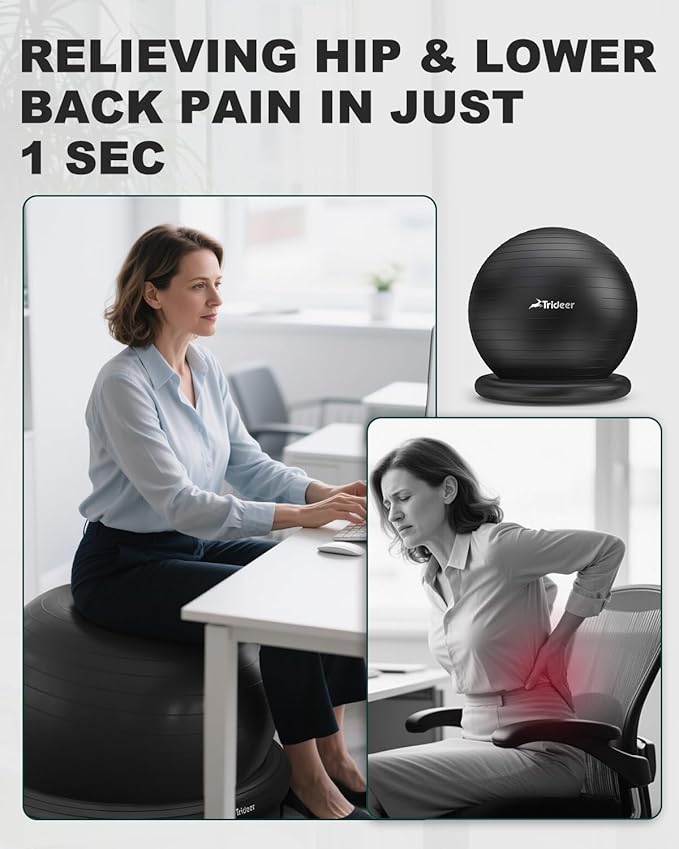 Trideer Exercise Yoga Ball Chair with Base for Home Office Desk, Stability & Fitness Ball Seat to Relieve Back Pain, Home Gym Workout for Abs, Pregnancy Ball with Pump