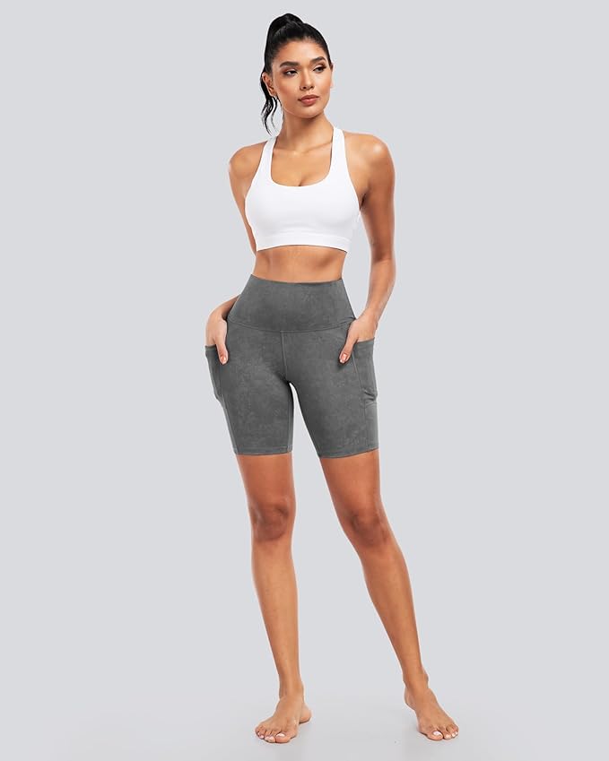 CHRLEISURE Womens Biker Yoga Shorts with Pockets: High Waisted Tummy Control Spandex Workout Athletic Gym Shorts 4 Packs