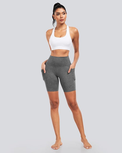 CHRLEISURE Womens Biker Yoga Shorts with Pockets: High Waisted Tummy Control Spandex Workout Athletic Gym Shorts 4 Packs