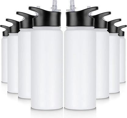 24 oz Insulated Water Bottle Bulk 8 Pack, Stainless Steel Sports Water Bottles with Straw Lid & Wide Mouth Lids, Double Walled Vacuum, Leak Proof, White