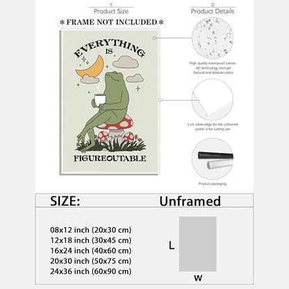 Everything is Figureoutable Motivational Canvas Wall Art Print Frog with Coffee Quote Inspirational Art Poster Mental Health Home Office Affirmation Wall Decor Minimalist Picture 16x24inch Unframed