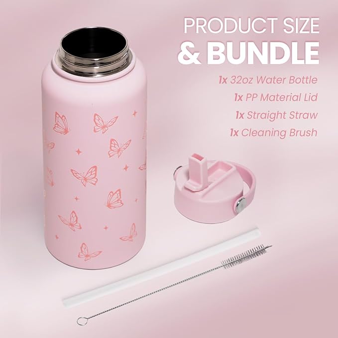 SANDJEST Butterfly Water Bottle Insulated Vacuum Stainless Steel 32oz with Lid, Gifts for Women Girls Teens Birthday Christmas