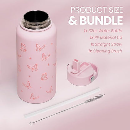 SANDJEST Butterfly Water Bottle Insulated Vacuum Stainless Steel 32oz with Lid, Gifts for Women Girls Teens Birthday Christmas