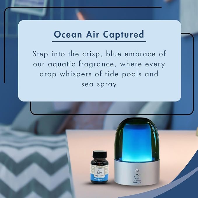 G's Breeze Smart Aroma Diffuser with 60ml Blue Lagoon Scent Refill – Bluetooth & Wi-Fi App Control - LED Lighting & Adjustable Intensity - Long-Lasting Fresh Aquatic Fragrance for Home or Office