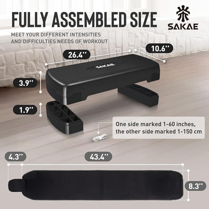 SAKAE Aerobic Step Platform Set with Waist Trimmer & Measuring Tape, Exercise Steppers for Home Exercise Fitness, Adjustable Height 2 Level Risers Workout Step Platform Trainer, Multiple Colors