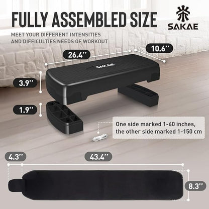 SAKAE Aerobic Step Platform Set with Waist Trimmer & Measuring Tape, Exercise Steppers for Home Exercise Fitness, Adjustable Height 2 Level Risers Workout Step Platform Trainer, Multiple Colors