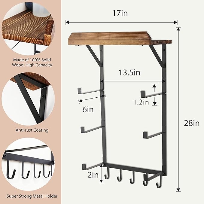 Yoga Mat Holder Wall Mount,17" x 28" Yoga Mat Rack Home Gym Accessories, Storage for Foam Roller, with Wood Floating Shelves and 5 Hooks for Hanging Yoga Strap and Resistance Bands