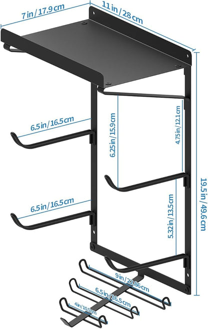 Yoga Mat Holder Wall Mount Yoga Mat Storage Rack Home Gym Accessories with 3 Sectional and 7 Hooks for Hanging Foam Roller and Resistance Bands at Fitness Class or Home Gym