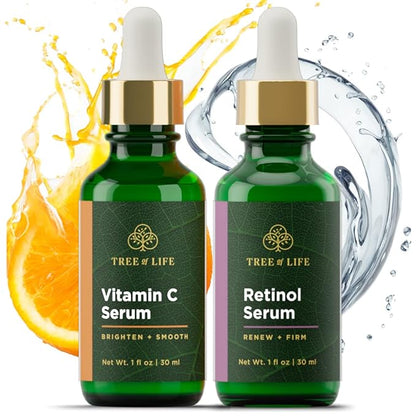 Tree of Life Beauty Facial Skin Care Set, Brightening, Firming, Hydrating, Dry Face, Dermatologist Tested - Vitamin C Serum (Brightens) + Retinol Serum (Smooths) - Skin Care Kit, 2 count of 1 Fl Oz