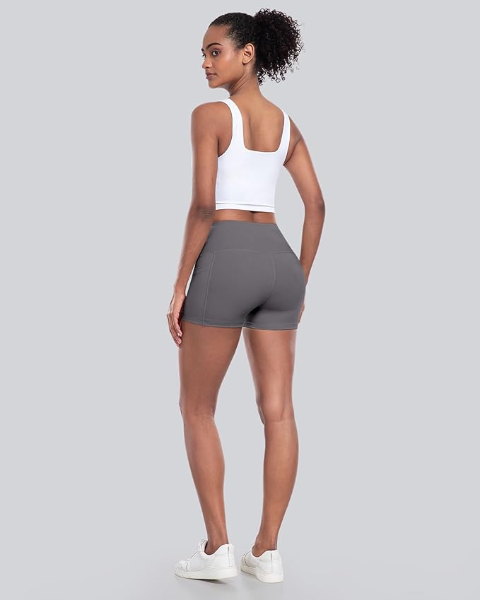 CHRLEISURE Womens Biker Yoga Shorts with Pockets: High Waisted Tummy Control Spandex Workout Athletic Gym Shorts 4 Packs