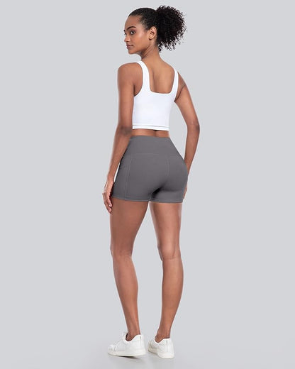 CHRLEISURE Womens Biker Yoga Shorts with Pockets: High Waisted Tummy Control Spandex Workout Athletic Gym Shorts 4 Packs