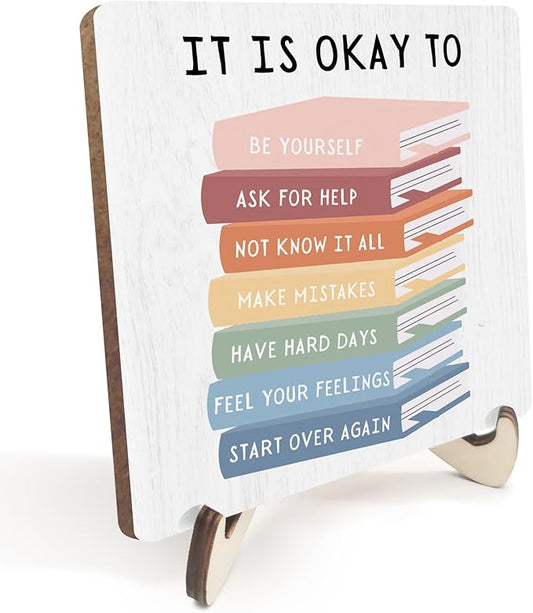 Decorative Desk Decor Motivational Okay Affirmations Positive Plaque with Wooden Stand Inspirational Wood Sign for Nursery Playroom Homeschool Classroom Reading Corner Table Shelf Book Lover Gifts