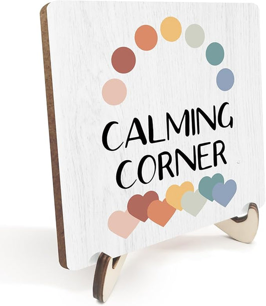 Decorative Desk Decor Motivational Calming Corner Affirmations Counselor Office Decor Plaque with Wooden Stand Inspirational Wood Sign for Homeschool Classroom Reading Calm Corner Table Bookshelf