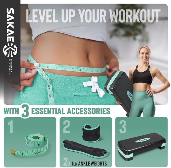 SAKAE Exercise Step Platform Set with Ankle Weights & Measuring Tape, Adjustable Height 2 Level Risers Workout Step Trainer, Aerobic Steppers for Home Gym Exercise Fitness Workout, Multiple Colors