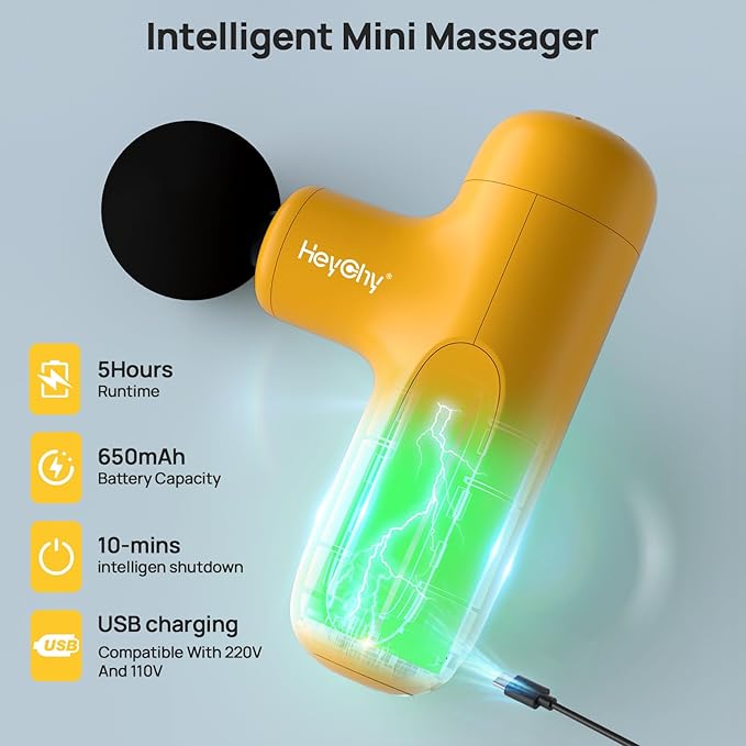 Super Mini Massage Gun Deep Tissue, Percussion Handheld Muscle Massager with 4 Heads, Travel Size Massage Gun for Back, Neck Pain Relief, Quiet for Home, Gym, Office, Gift for Men & Women, Yellow