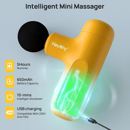 Super Mini Massage Gun Deep Tissue, Percussion Handheld Muscle Massager with 4 Heads, Travel Size Massage Gun for Back, Neck Pain Relief, Quiet for Home, Gym, Office, Gift for Men & Women, Yellow
