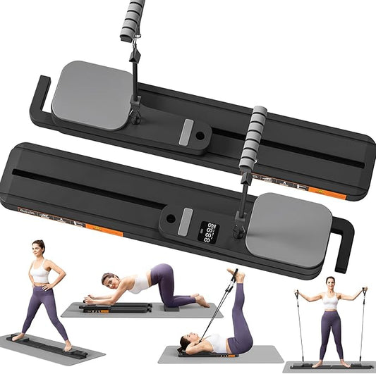 Pilates Reformer Board with Resistance Bands – Portable Pilates Machine, Full Body Workout for Home, Core Strengthener, Glute & Leg Toning, Dual Use, LED Timer & Calorie Display