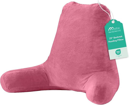 Sasttie 25-inch Reading Pillows for Sitting in Bed Adult, Jumbo Velvet Back Pillow Bed Sitting Up, XL High Back-Rest Support Cushion for Sit Up on Couch & Floor, Oeko-Tex Certified, Rose Pink