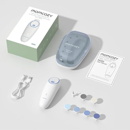 Momcozy Baby Nail File Electric, Gentle Baby Nail Trimmer Electric, Baby Nail Clipper with Night Light, 7 Grinding Head Replacement Pads, Blue