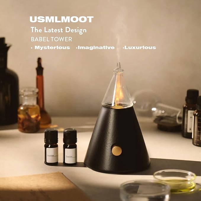 Professional Waterless Essential Oil Diffuser with Night Light, Wood and Glass Scent Diffuser for Home with Cold Air Tech. Original Babel Tower Design