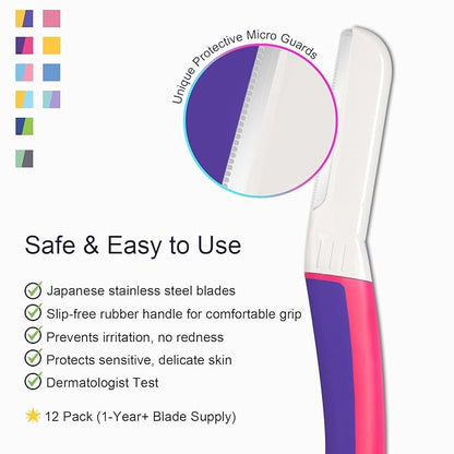 Face Razors for Women, Dermaplane Razor for Women Face, Eyebrow Razor, Dermaplaning Tool, Skin Safe Microblades, Peach Fuzz Remover, Skin Care Tool, Travel Essentials, (12ct, Fuchsia)