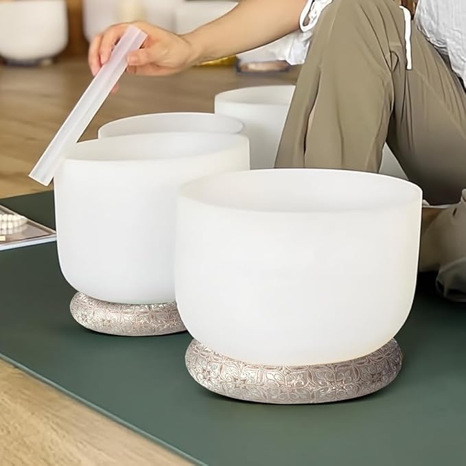 Singing Bowl Cushion 8 Inch for Tibetan Singing Bowls, Handmade Silk Brocade Round Cushion Pillow for Sound Healing and Crystal Sound Bowls Accessories(Silver)