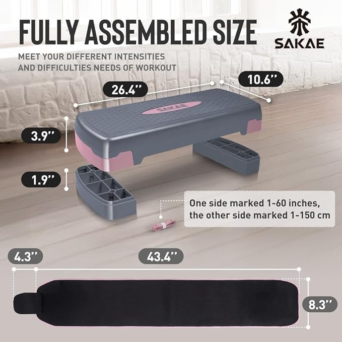 SAKAE Aerobic Step Platform Set with Waist Trimmer & Measuring Tape, Exercise Steppers for Home Exercise Fitness, Adjustable Height 2 Level Risers Workout Step Platform Trainer, Multiple Colors