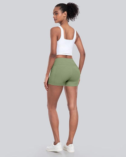 CHRLEISURE Womens Biker Yoga Shorts with Pockets: High Waisted Tummy Control Spandex Workout Athletic Gym Shorts 4 Packs
