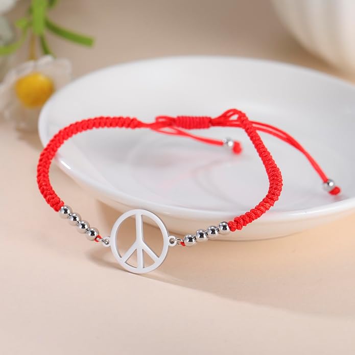 LIKGREAT Peace Adjustable Beaded Bracelet Peace Sign Symbol Pendant Handmade Braided Wax Cords Bracelet for Women