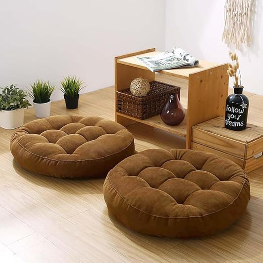 Meditation Floor Pillow Set of 2 Large Round Floor Cushions for Adults Tufted Corduroy Floor Seat Pillows Cushion for Living Room,Brown 16.5" Lx16.5 Wx3 H