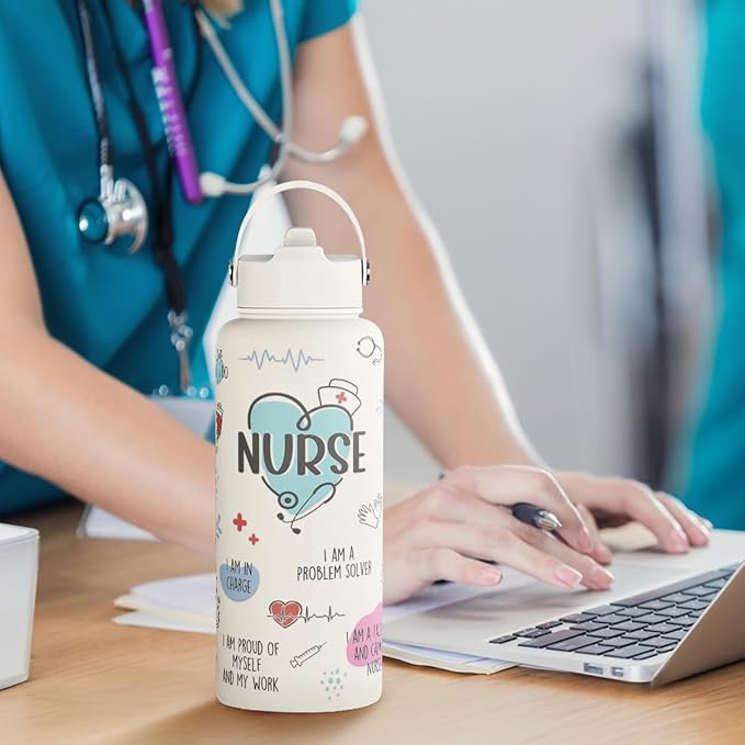 Nurse Water Bottle 32oz Stainless Steel Insulated with Lid, Nurse Gifts for Female Nurses, Medical Staff Inspiration Gifts for Nursing Students, Graduation Christmas Birthday Nurse Week