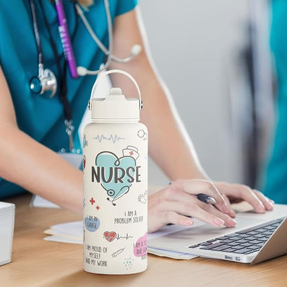 Nurse Water Bottle 32oz Stainless Steel Insulated with Lid, Nurse Gifts for Female Nurses, Medical Staff Inspiration Gifts for Nursing Students, Graduation Christmas Birthday Nurse Week