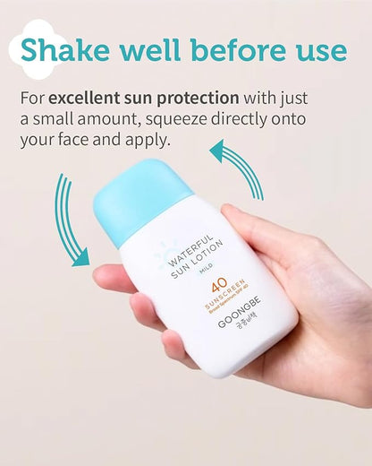 GOONGBE Sun Lotion SPF 40 & Baby Soothing Water Gel Cream - Zinc Oxide Mineral Sunscreen & Cooling Moisturizer - Korean Skincare for Babies Kids - Hypoallergenic Formula, 2.82oz & 3.38oz