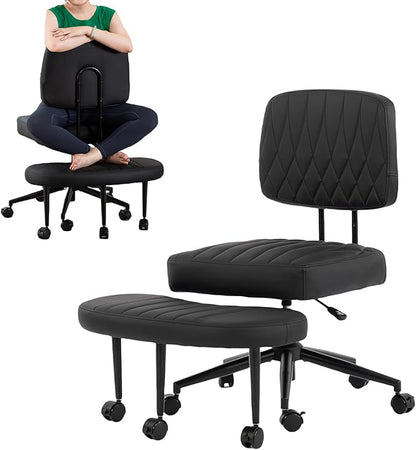 Ergonomic Cross Legged Office Chair with Wheels, Wide Seat and Backrest for Meditation, ADHD Cross Legged Office Chair with Adjustable Height, 360°Rotating Footrest for Yoga Home Office