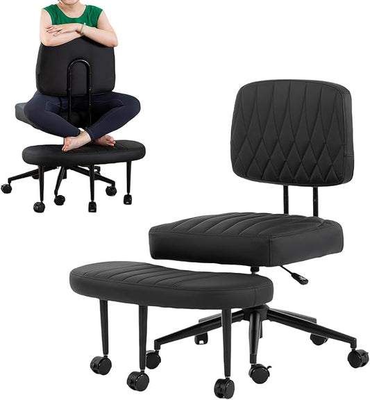 Ergonomic Cross Legged Office Chair with Wheels, Wide Seat and Backrest for Meditation, ADHD Cross Legged Office Chair with Adjustable Height, 360°Rotating Footrest for Yoga Home Office