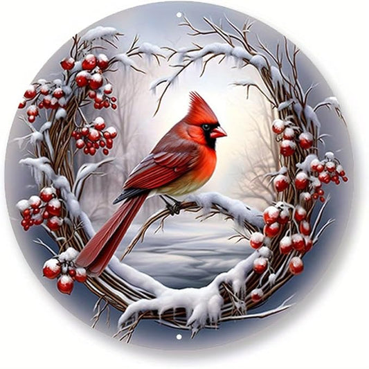 8x8inch Aluminum Cardinal Wreath Sign - Vibrant Gray & Red Bird Art - Durable Door Hanger for Festive Christmas & Winter Decor