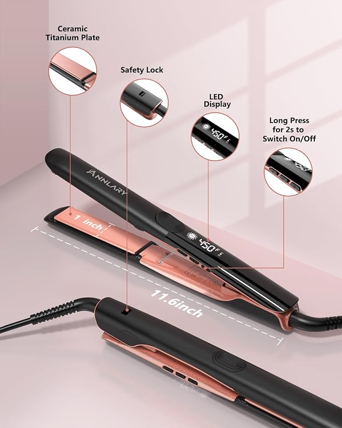 Hair Straightener with Heat-Resistant Silicone Mat Pouch, 1 Inch Professional Titanium Plate with Ceramic Coating Ionic Dual Voltage Flat Iron for All Hair Types