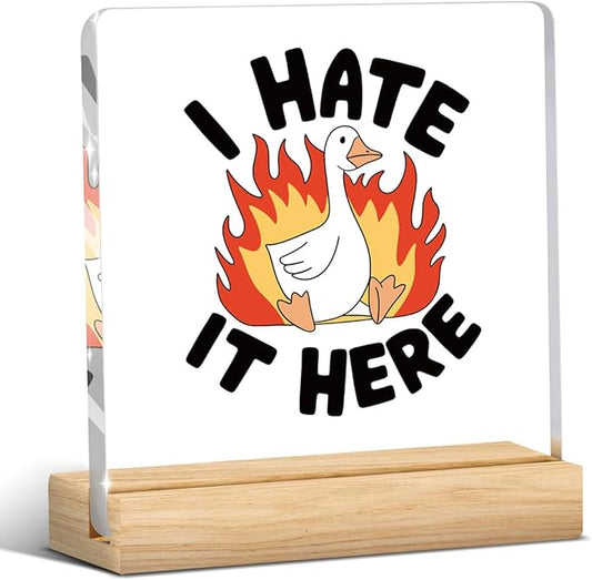 Mental Health Decor, Motivational Gifts for Women Men, Anxious Goose Inspirational Kindness Acrylic sign with Wooden office Accessories Bedroom Dorm Apartment Decor-Silly Goose I Hate It Here