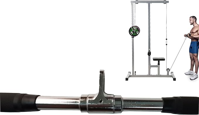 Lat Cable Machine Attachment Curl Pulldown Barbell Revolving Bar, Multi-Exerciser Cable Attachment, Solid Steel Tricep Press Down Bar with Rubber Handgrips & Revolving Hanger