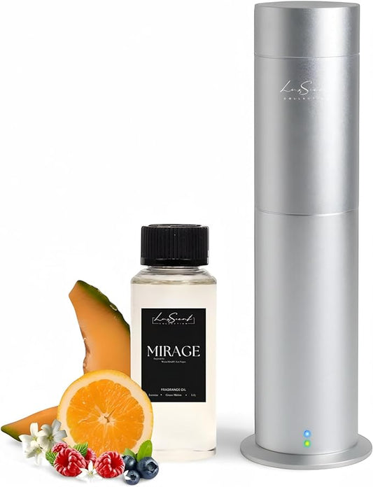 Aroma Scent Diffuser Starter Kit for Up to 1000SQ. FT. Coverage - 120ML Waterless Essential Aroma Scent Oil Included - Luxury Aroma Diffuser Ideal for Home, Office & Hotel (Silver, Mirage)