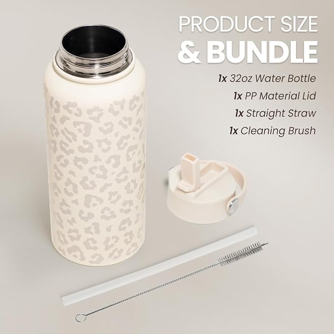 Leopard Water Bottle 32oz Stainless Steel Vacuum Insulated with Lid, Leopard Print Water Bottles for Gym Sports Travel Outdoor, Gifts for Women Girls Ladies Birthday Christmas