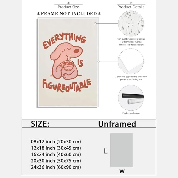 Everything is Figureoutable Motivational Canvas Wall Art Print Cute Dog Quote Inspirational Art Poster Mental Health Home Office Kids Affirmation Wall Decor Minimalist Picture 16x24inch Unframed