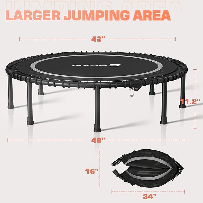 BCAN 450LBS/550LBS Foldable Mini Trampoline, 40"/48" Fitness Trampoline with Durable Bungees, Stable & Quiet Exercise Rebounder for Adults,Great Mini Trampoline for Indoor/Garden Workout - 2