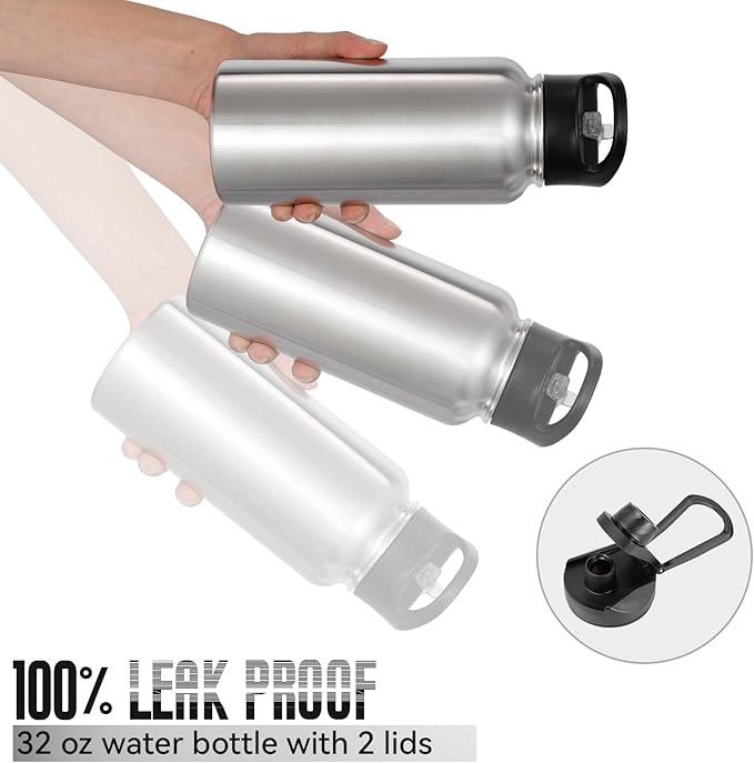 32 oz Insulated Water Bottle Bulk 8 Pack, Stainless Steel Sports Water Bottles with Straw Lid & Wide Mouth Lids, Double Walled Vacuum, Leak Proof, Stainless Steel