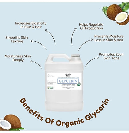 100% Organic Glycerin - Bulk 1 Gallon - For Skin & Hair - Food Grade - USDA Certified - Not From Palm Oil - Perfect Skin and Hair Moisturizer