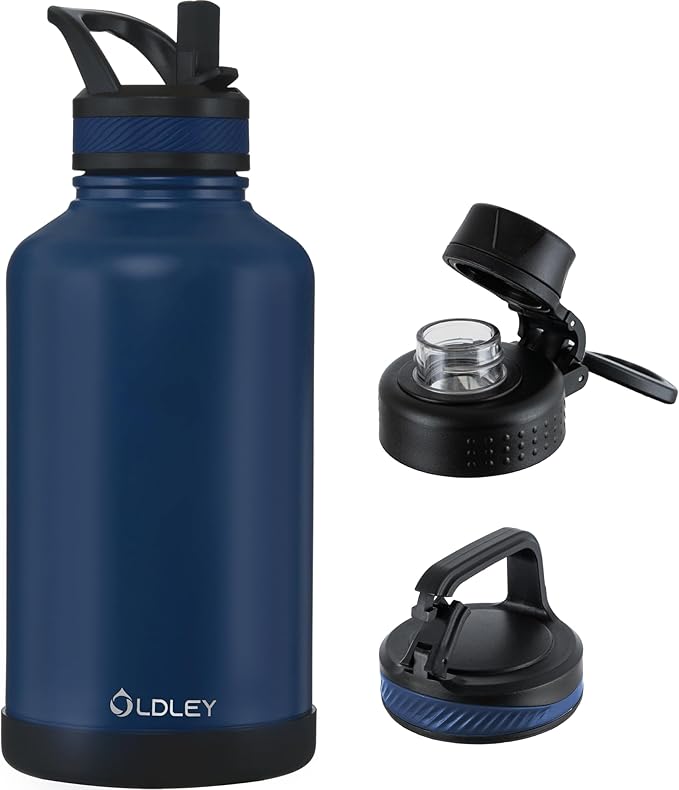 OLDLEY 64 oz Insulated Water Bottle With Straw, Stainless Steel Sports Water Cup Flask with 3 Lids(Straw, Spout and Handle Lid) Double Walled Travel Thermal Canteen Mug,Navy Blue